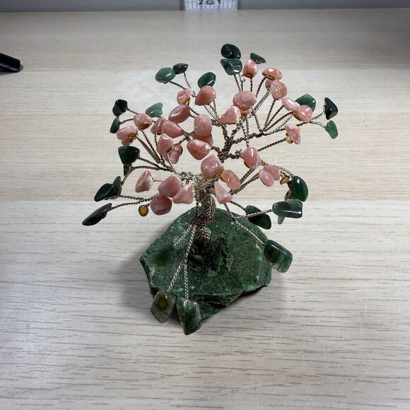 Tree of Life Aventurine & Pink Agate Gemstone Crystal Decor on Green Base - Picture 4 of 5